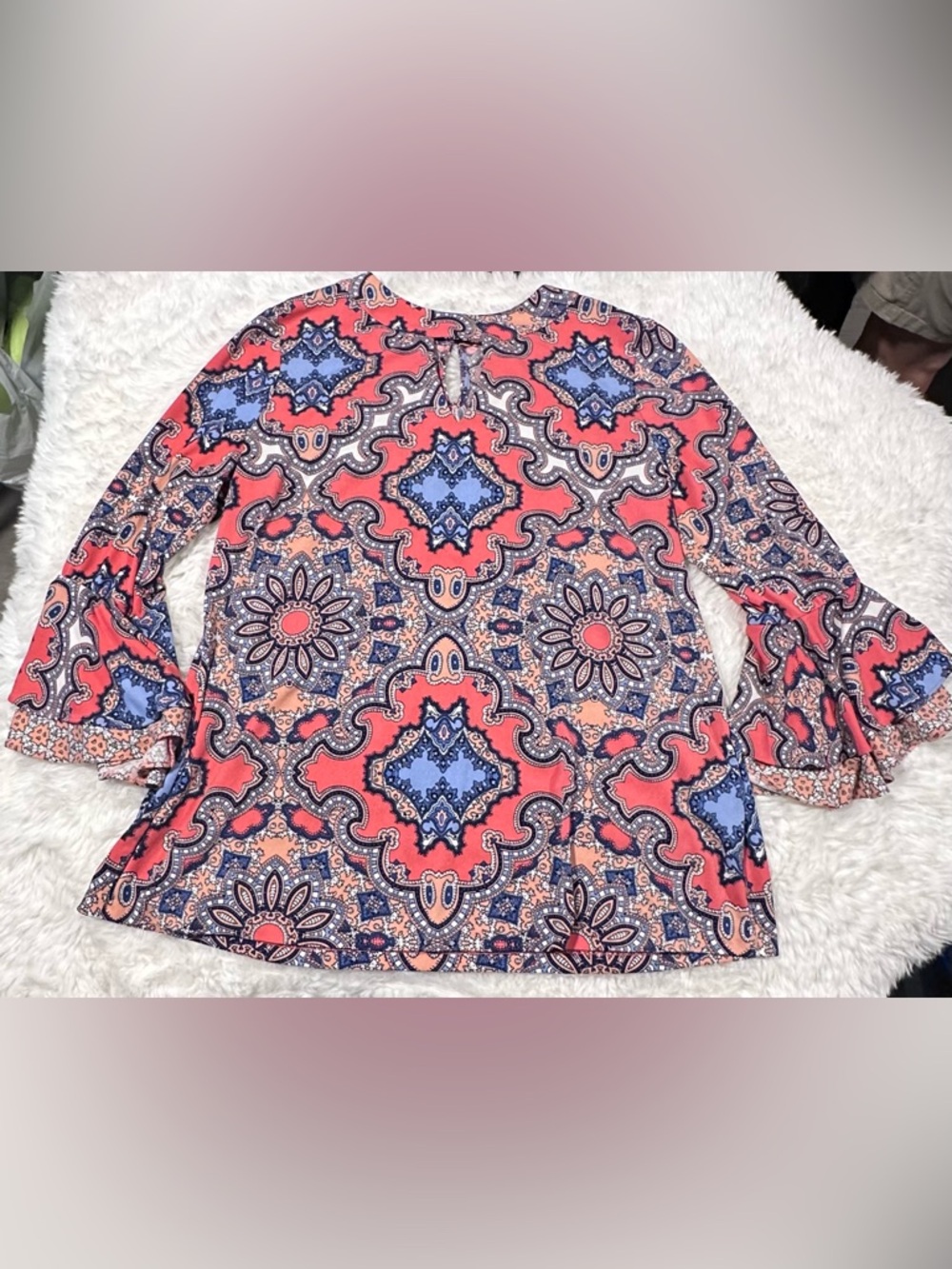 Charter Club Coral and Blue Paisley-Print Womens Blouse with bell sleeves
